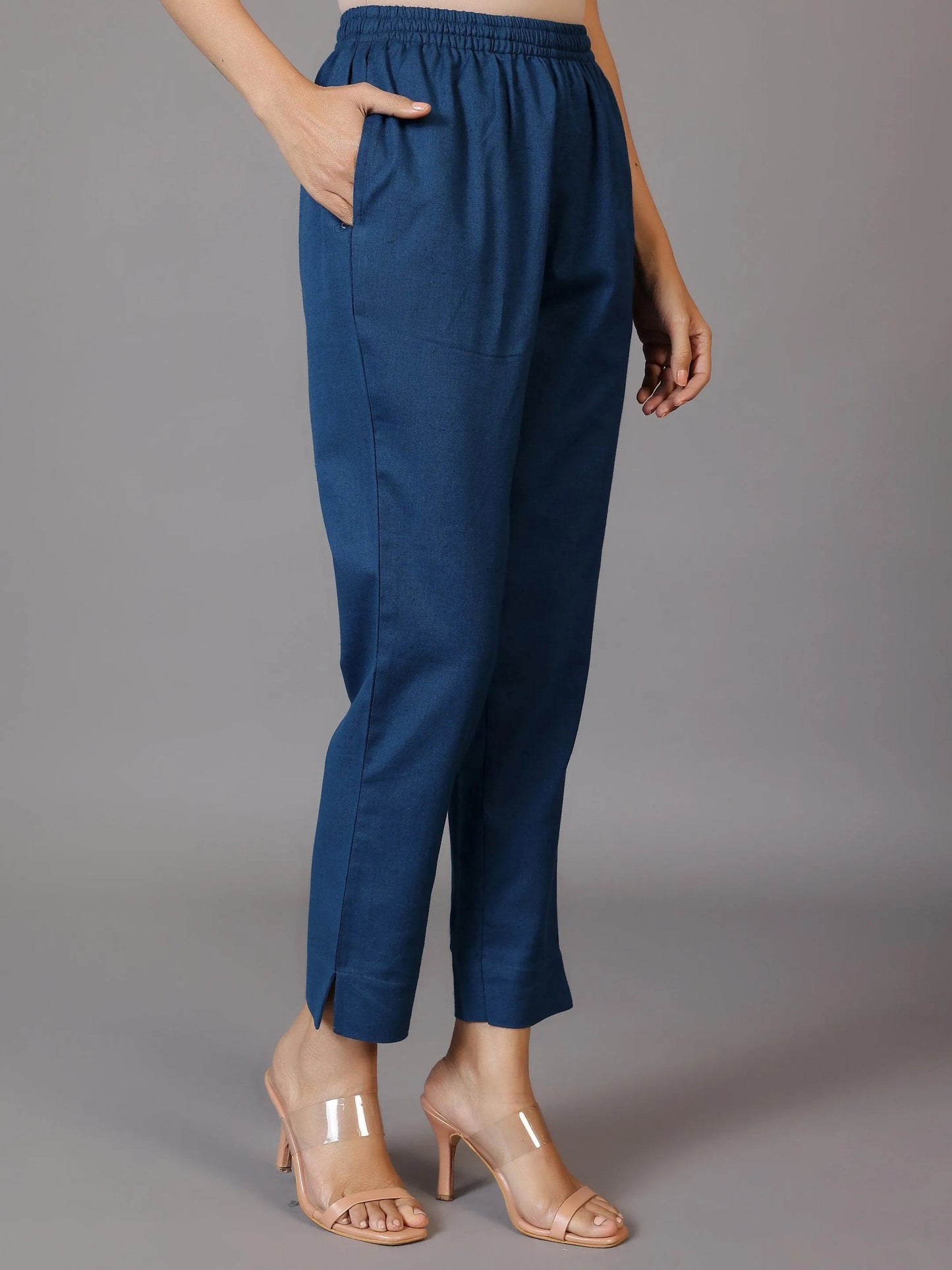 Libas Teal Solid Cotton Trousers