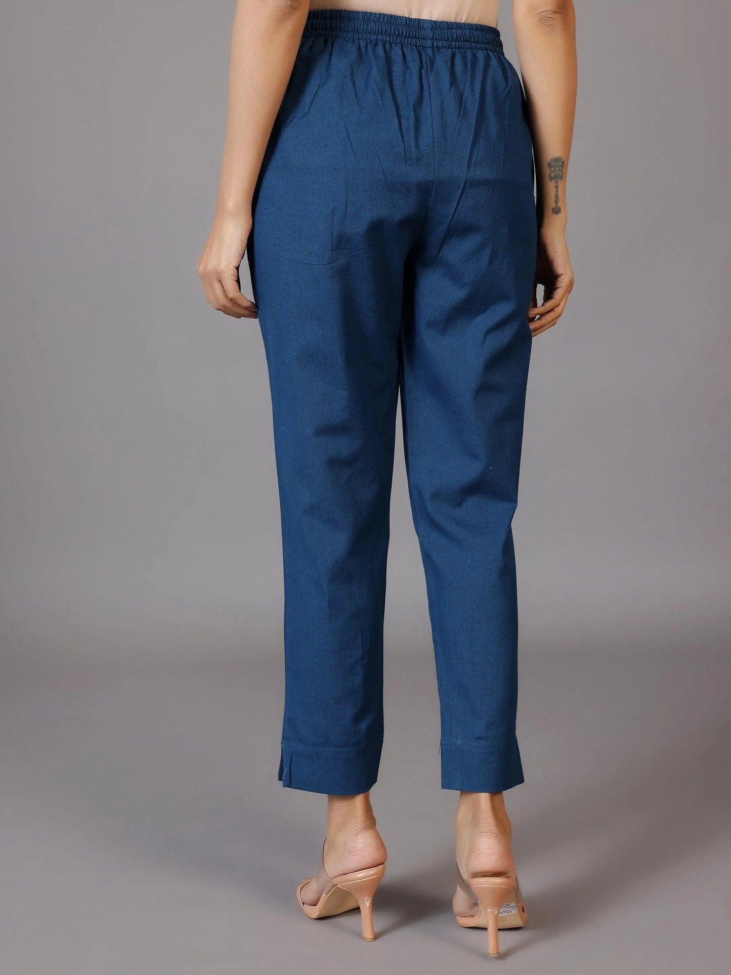 Libas Teal Solid Cotton Trousers