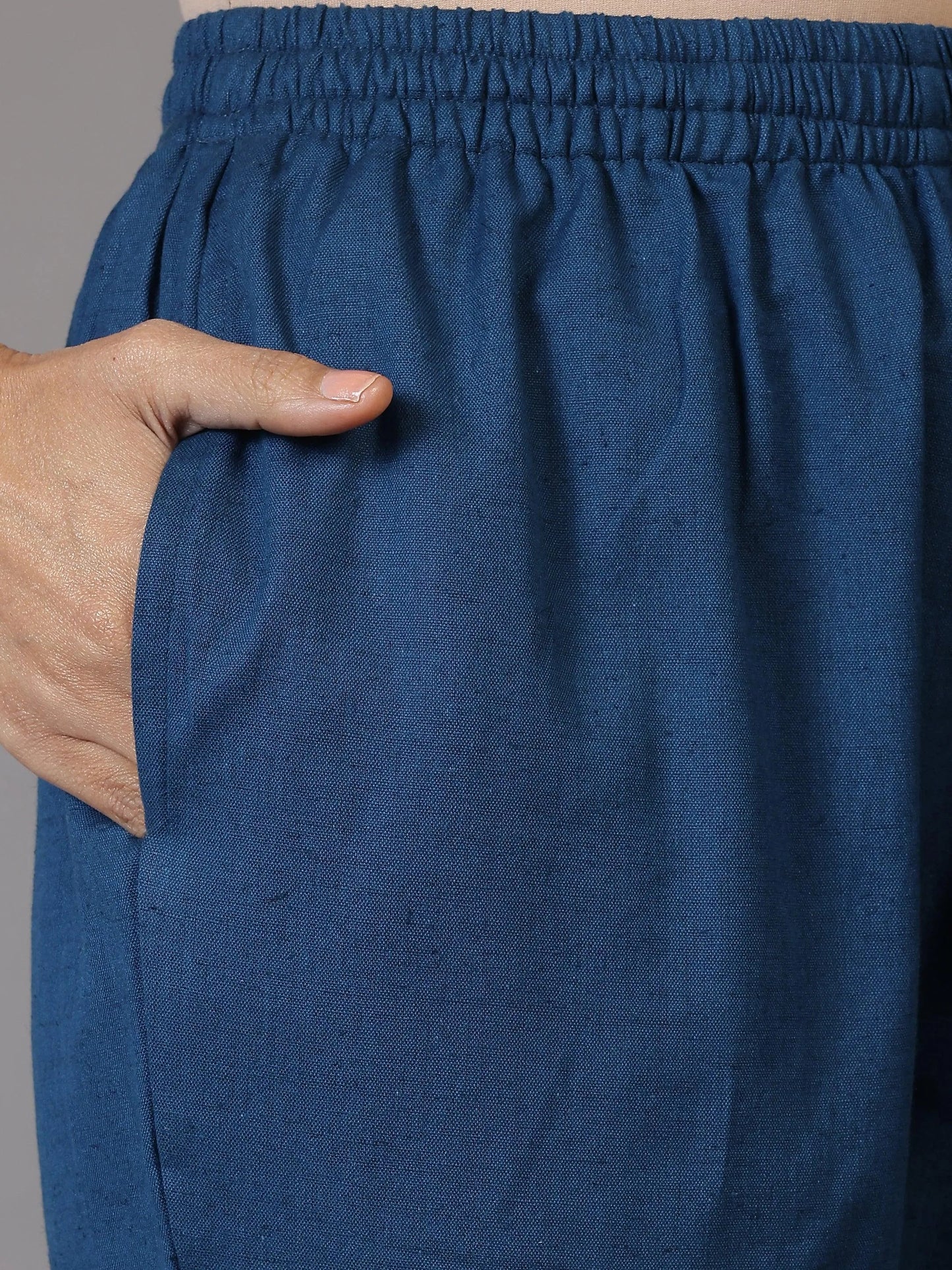 Libas Teal Solid Cotton Trousers