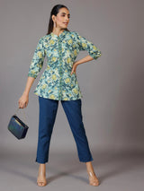 Libas Teal Solid Cotton Trousers