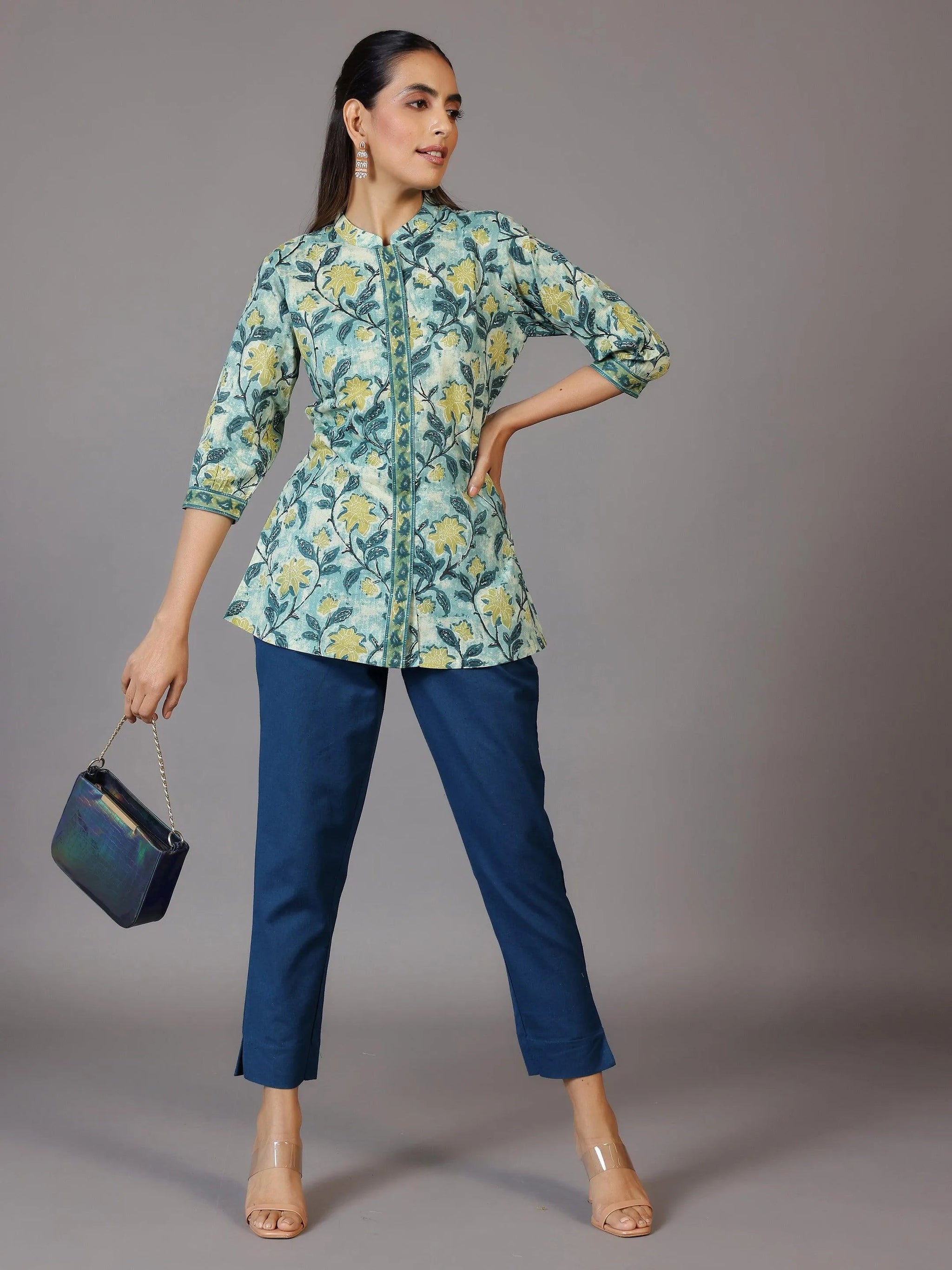 Libas Teal Solid Cotton Trousers