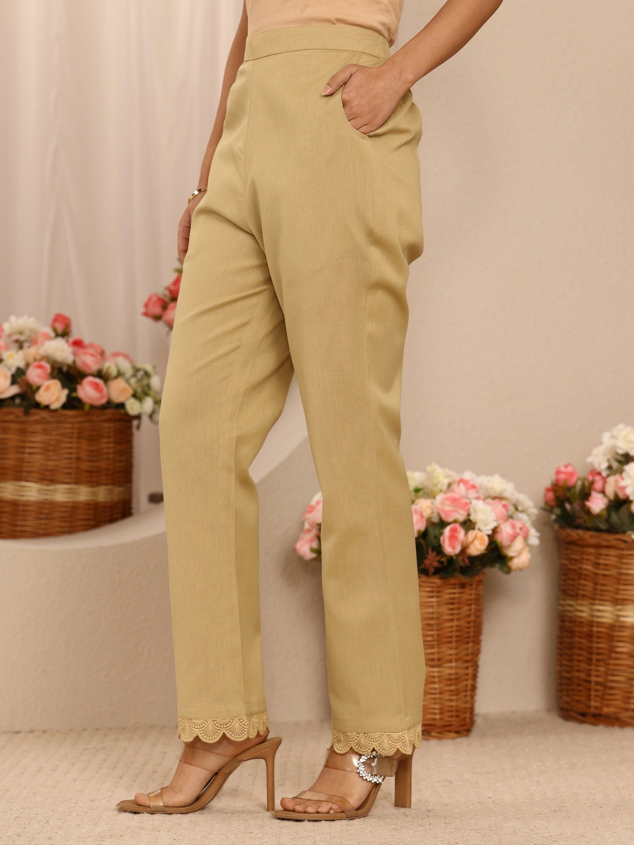 Libas Beige Solid Cotton Trousers