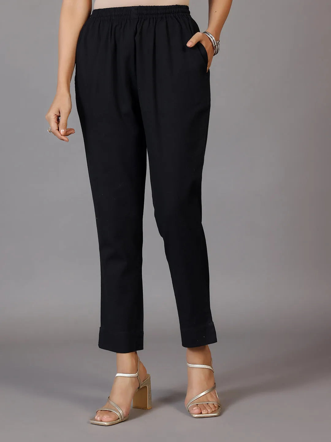 Libas Black Solid Cotton Trousers