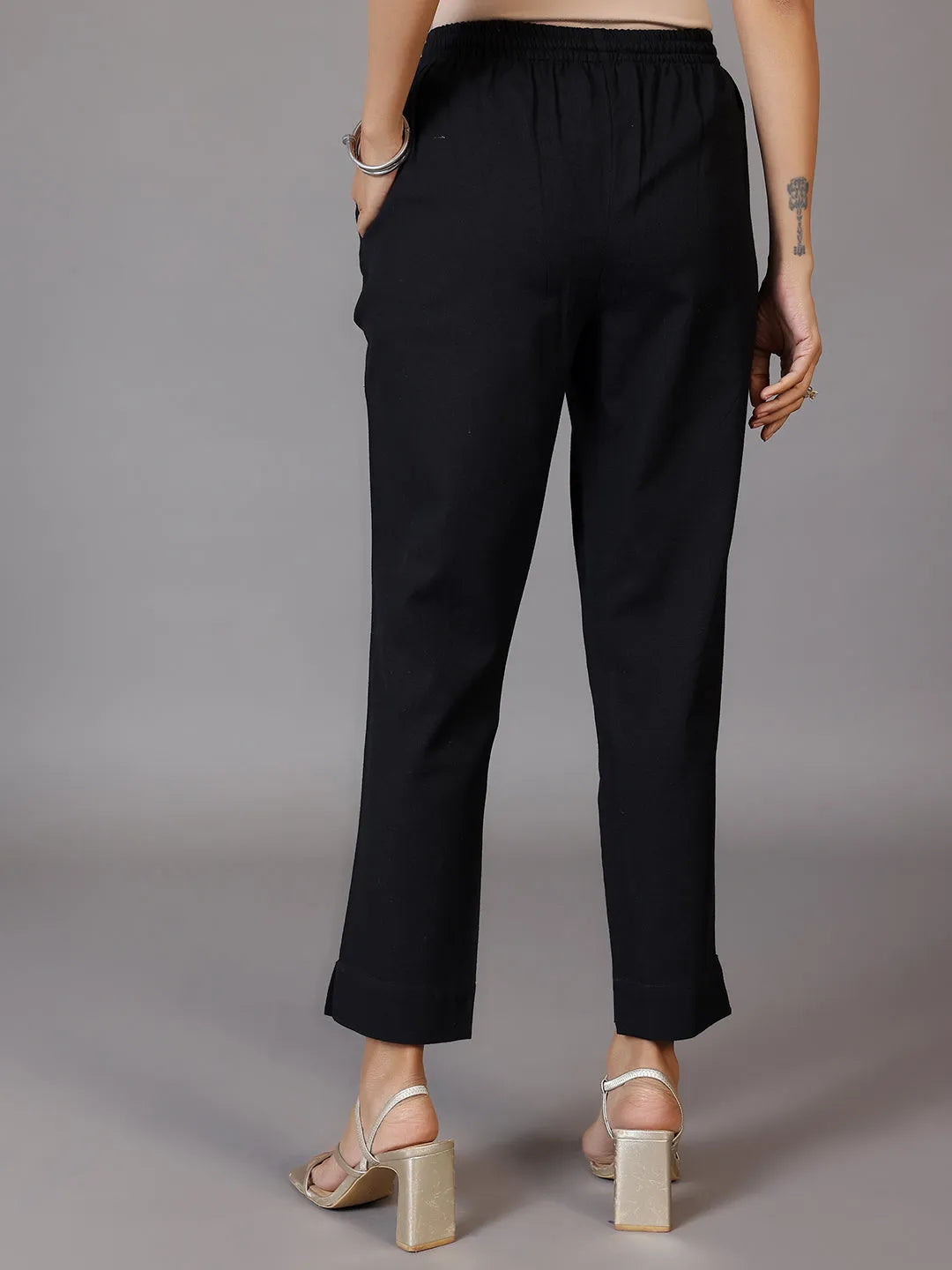 Libas Black Solid Cotton Trousers