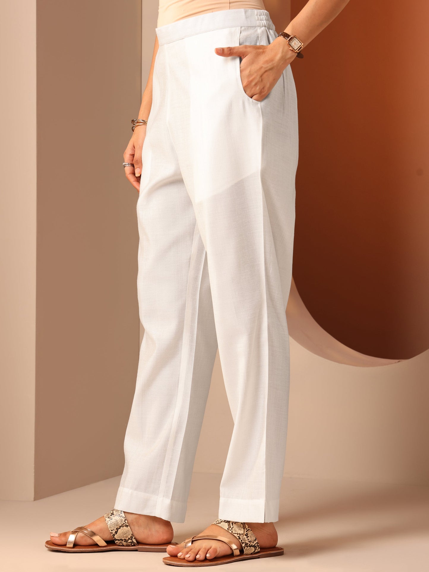 Libas White Solid Silk Blend Trouser