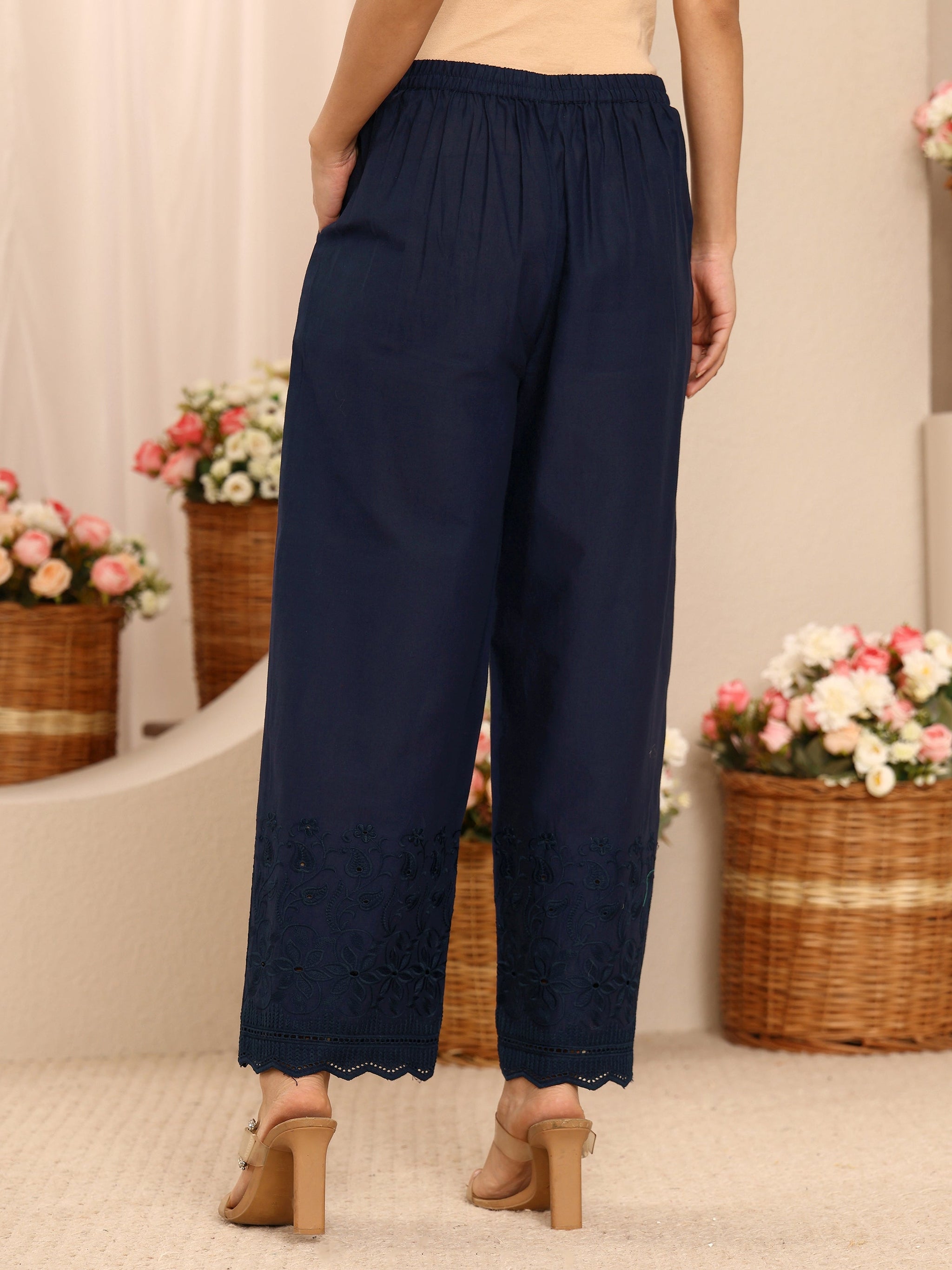 Libas Blue Embroidered Cotton Palazzos