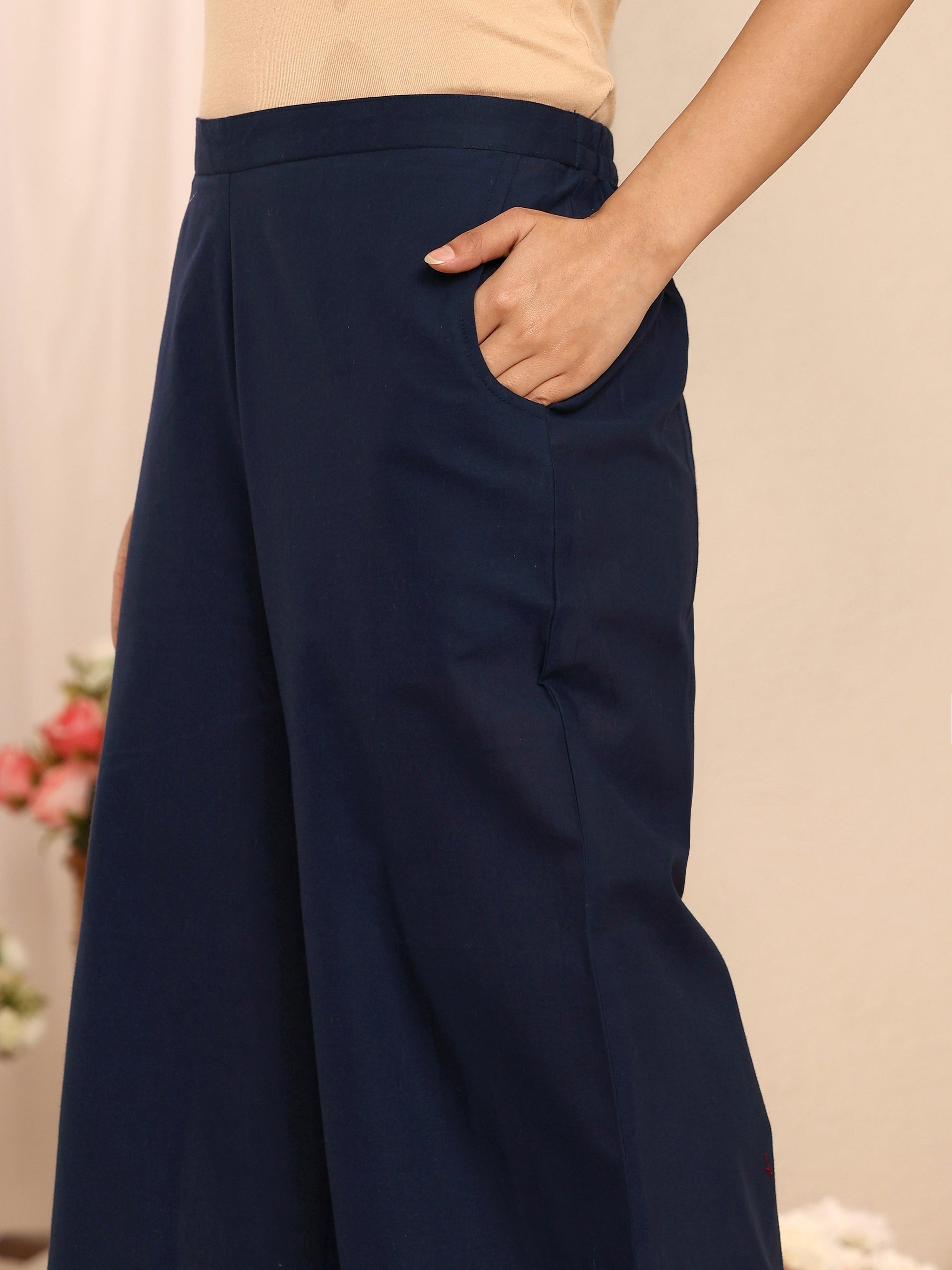 Libas Blue Embroidered Cotton Palazzos