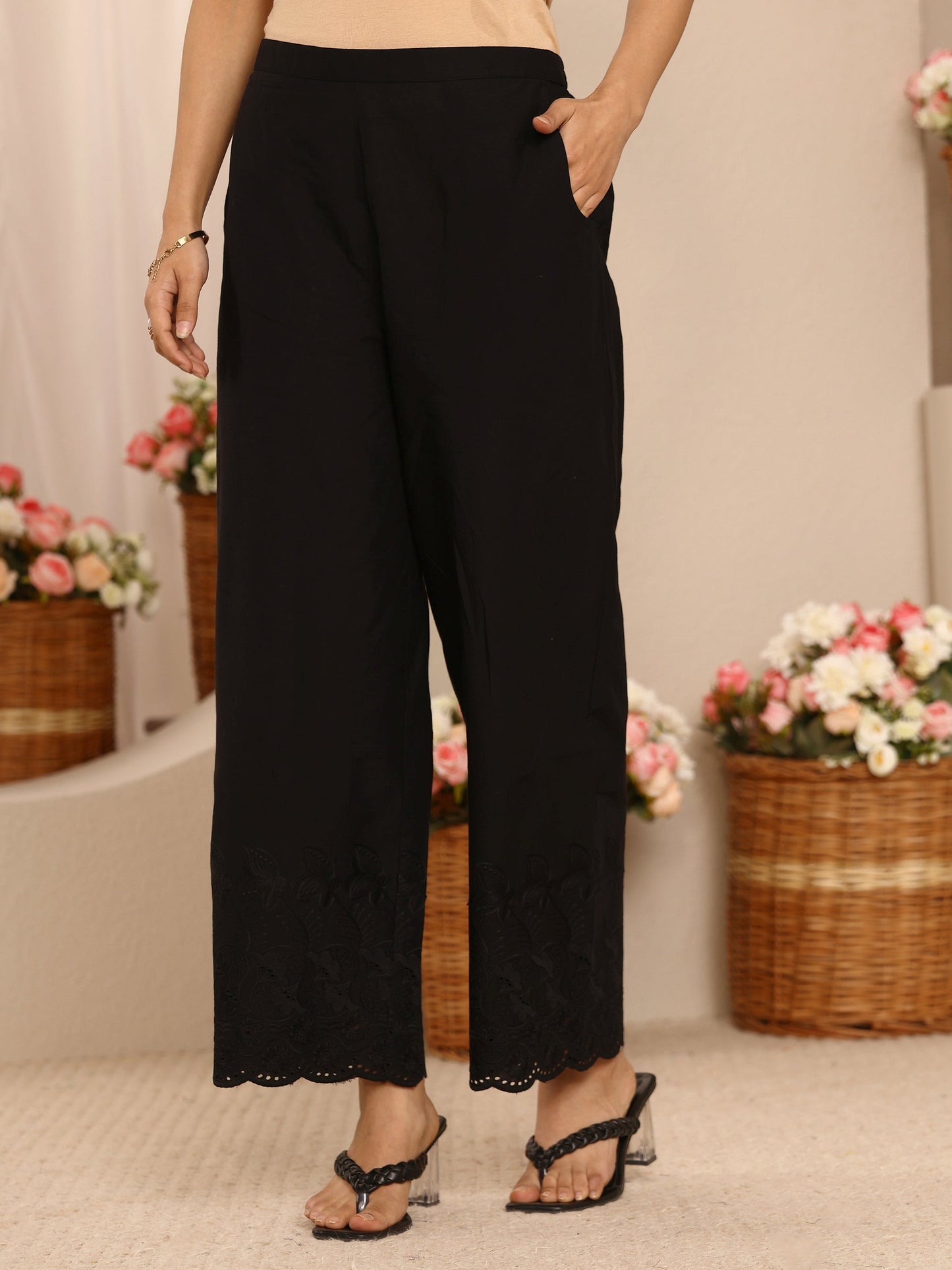 Libas Black Embroidered Cotton Palazzos