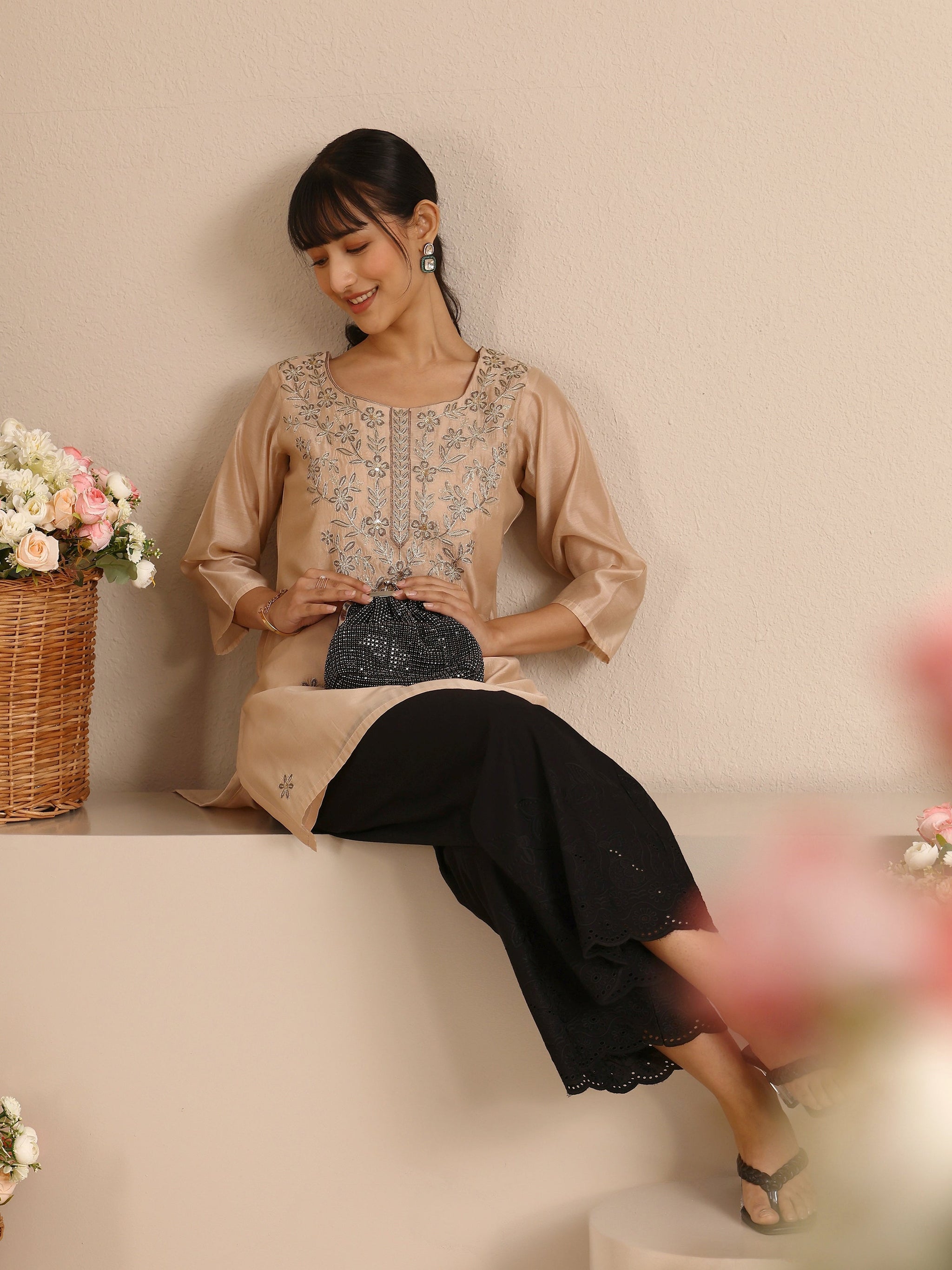 Libas Black Embroidered Cotton Palazzos
