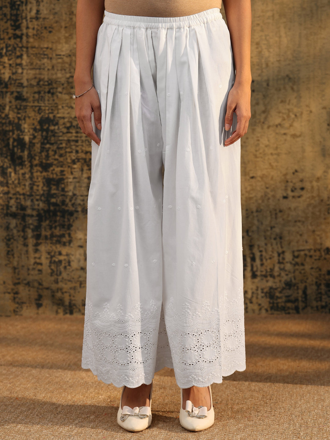 Mameraa White Schiffli Embroidered Wide Leg Palazzo