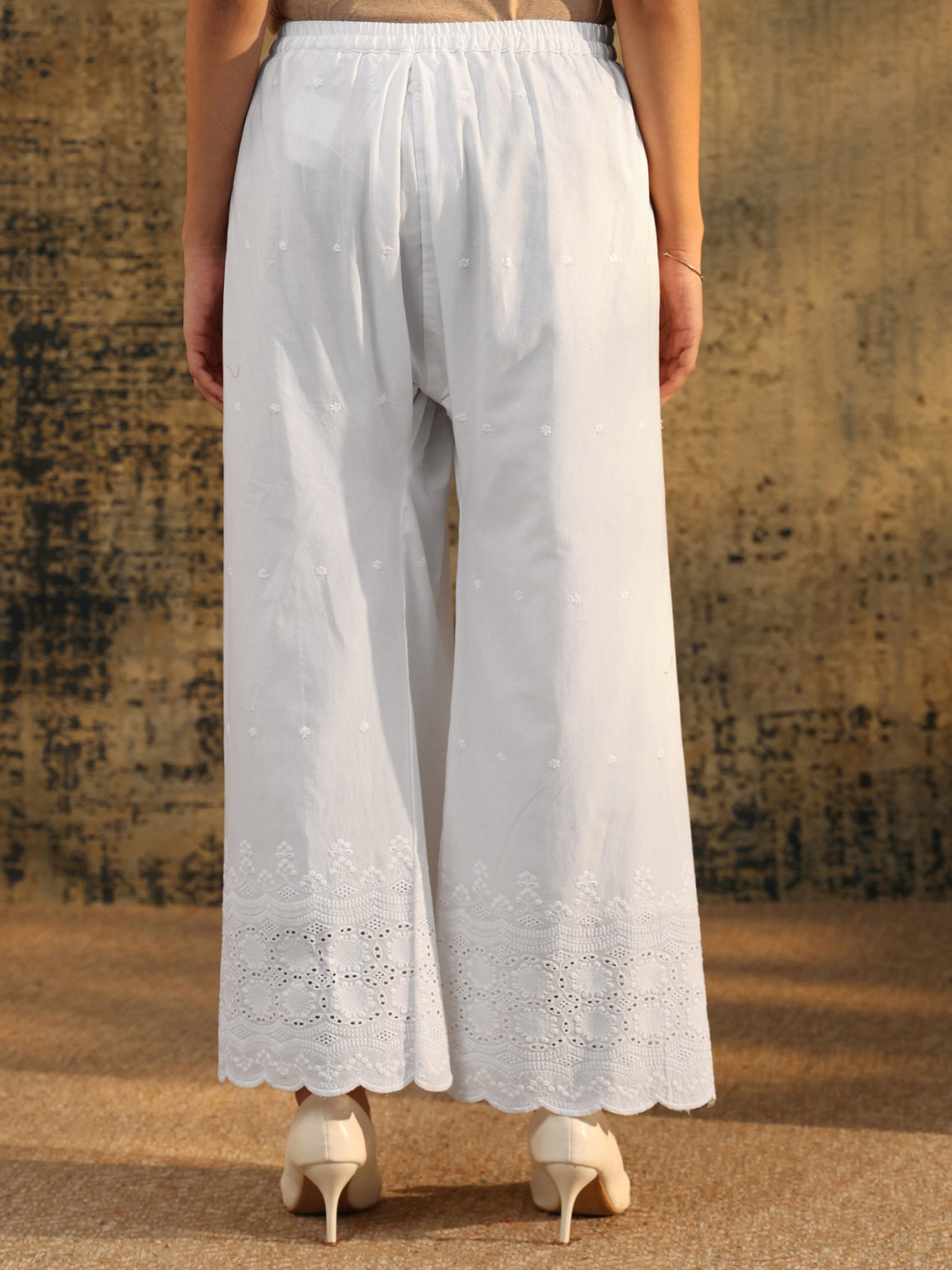 Mameraa White Schiffli Embroidered Wide Leg Palazzo