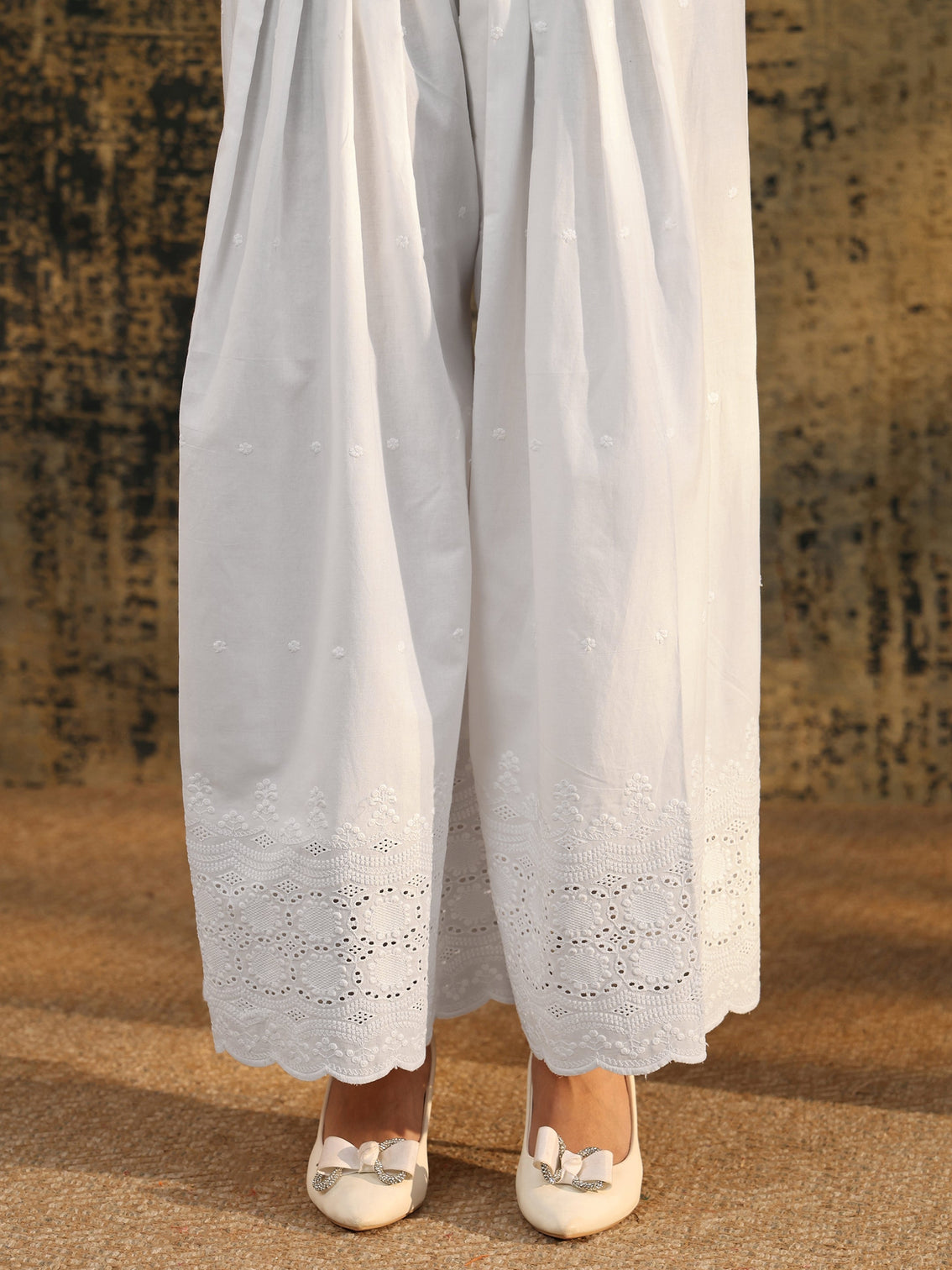 Mameraa White Schiffli Embroidered Wide Leg Palazzo