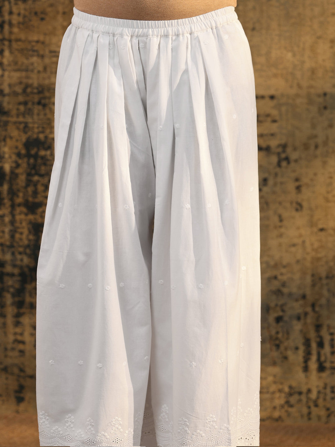 Mameraa White Schiffli Embroidered Wide Leg Palazzo