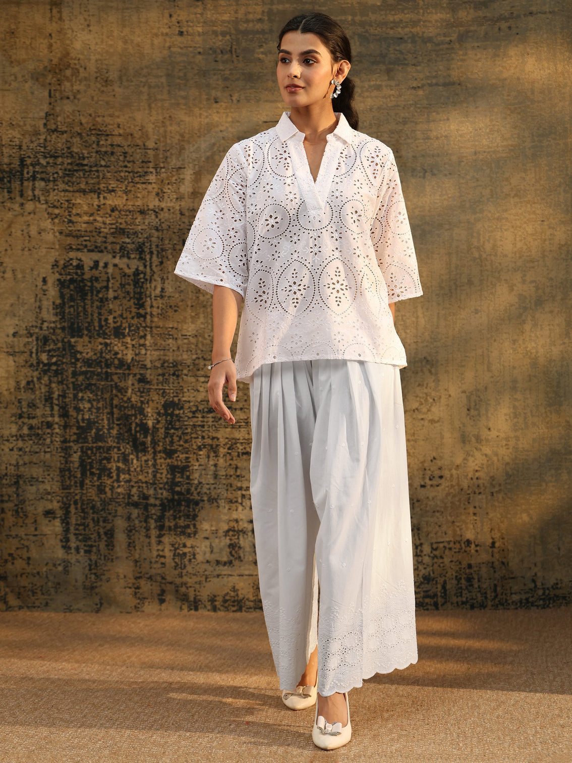 Mameraa White Schiffli Embroidered Wide Leg Palazzo