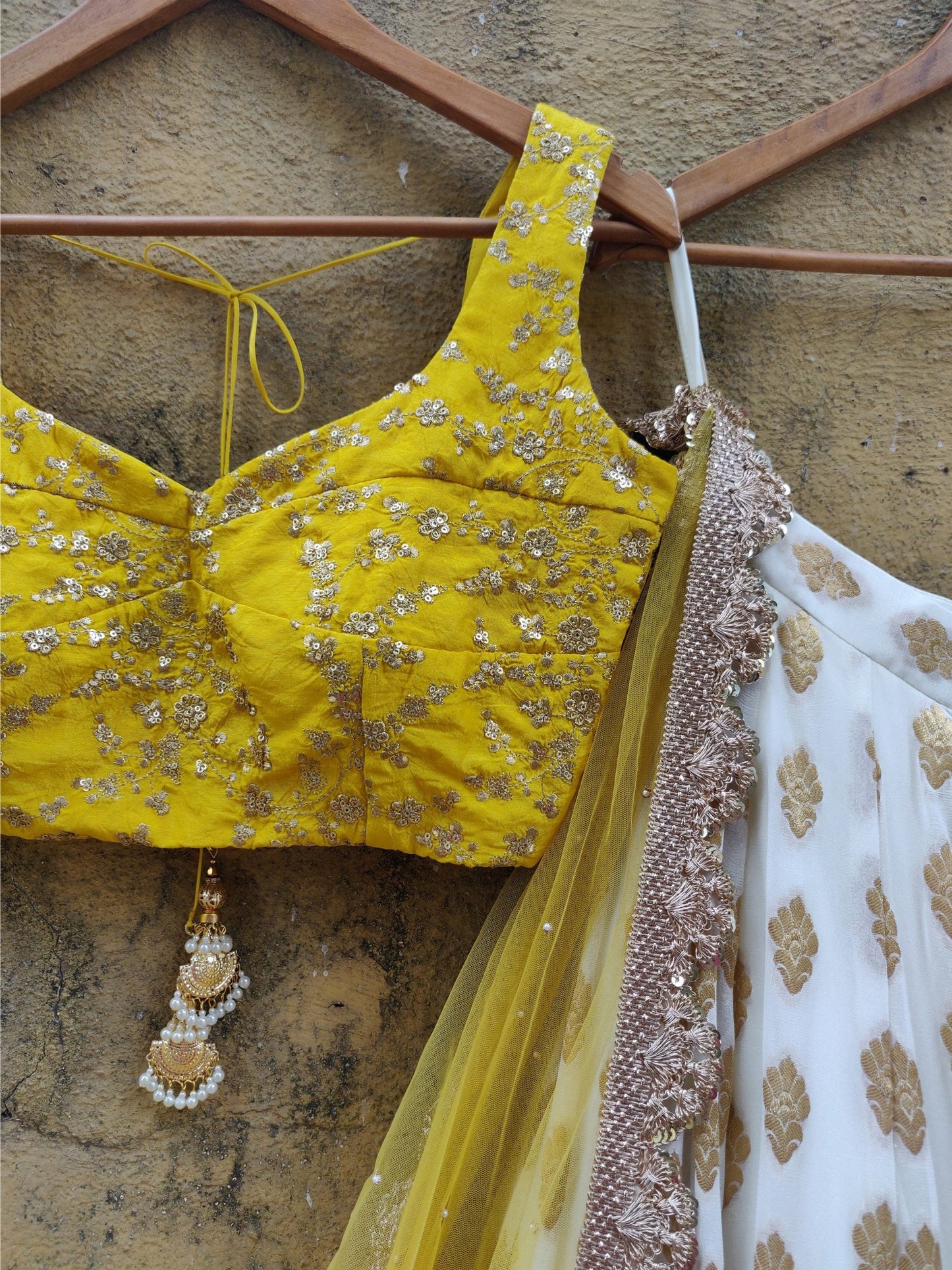 White color Banarasi Silk Lehenga Choli with Yellow Net Dupatta