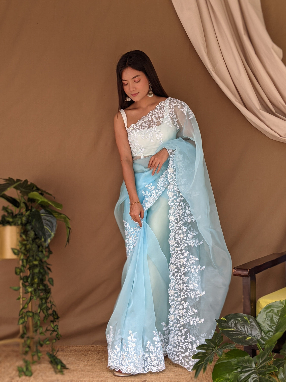 Sky Blue Saree in Organza Lucknowi Viscose Thread Work