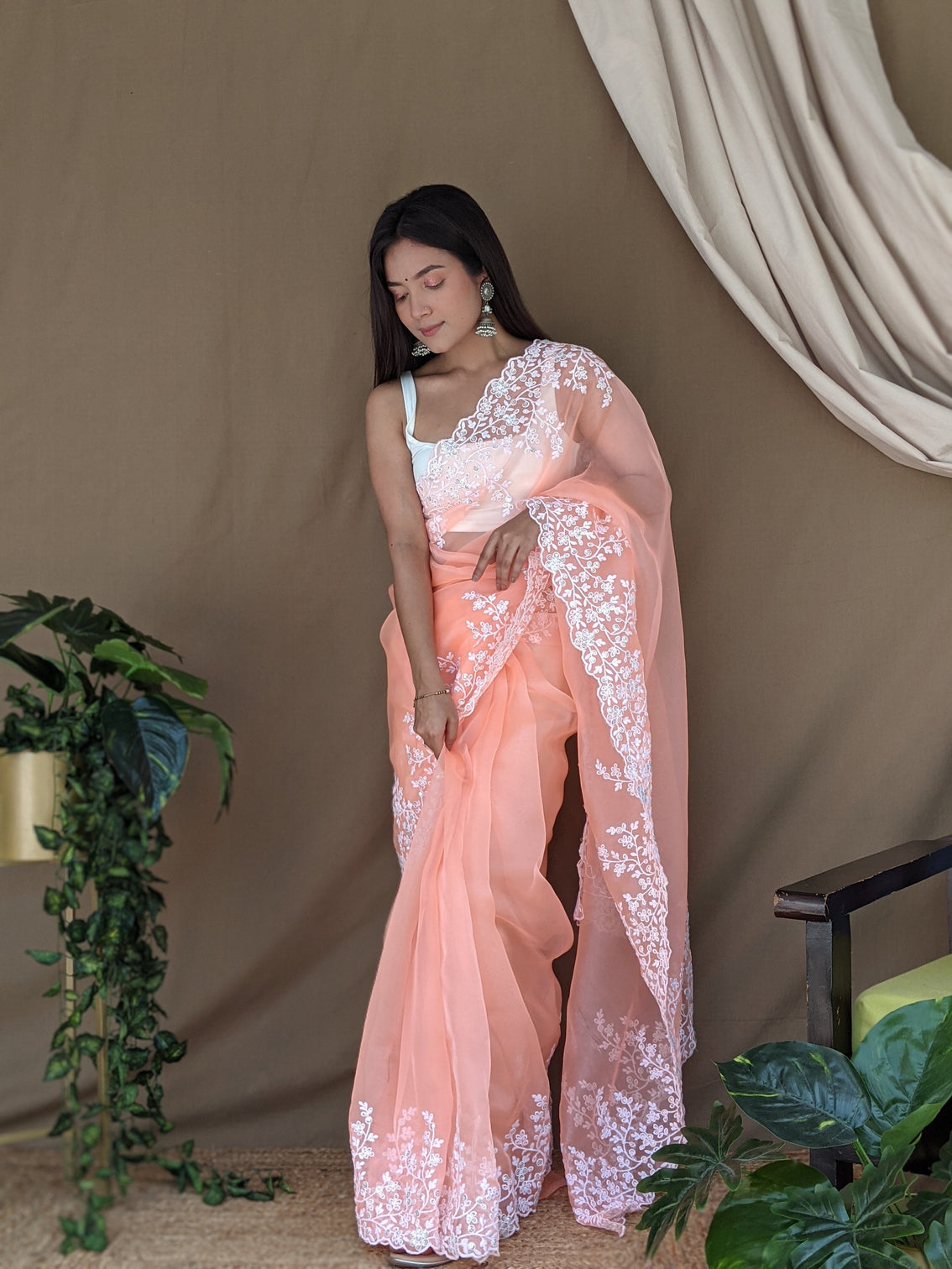 Peach Saree in Organza Lucknowi Viscose Thread Work