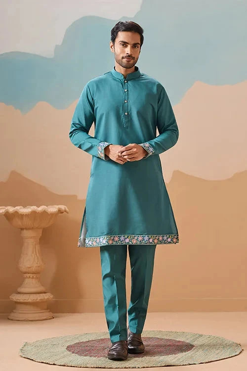 Wedding Party Outfit Rama Green Kurta Koti Pant for Men