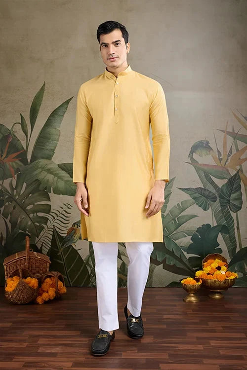 Yellow Roman Silk Kurta with Jacquard Koti Elegant Ethnic Wear