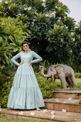Party Style Grey Color Designer Printed Readymade Gown In Art Silk Fabric