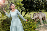 Party Style Grey Color Designer Printed Readymade Gown In Art Silk Fabric