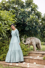 Party Style Grey Color Designer Printed Readymade Gown In Art Silk Fabric