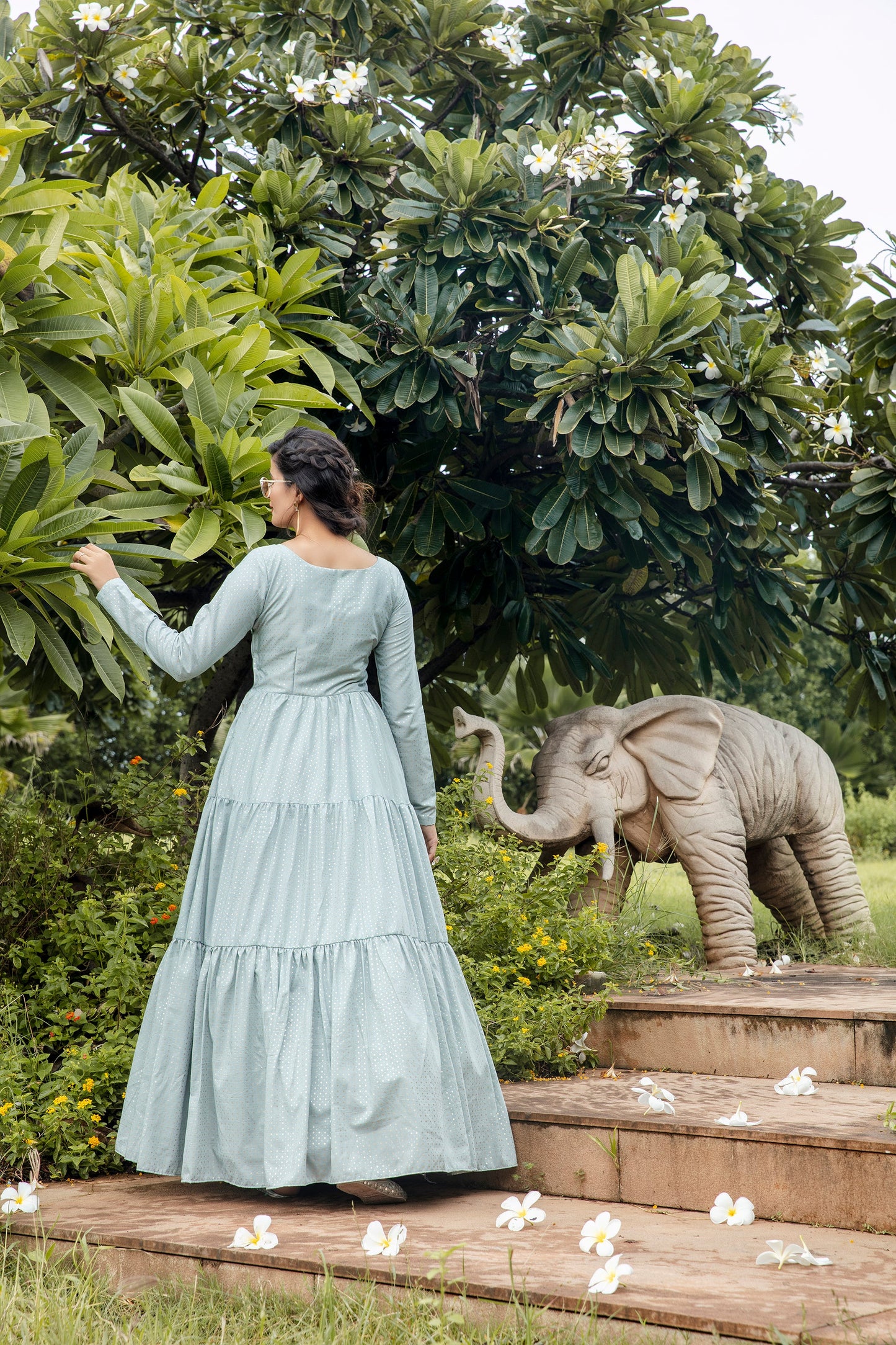Party Style Grey Color Designer Printed Readymade Gown In Art Silk Fabric