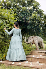 Party Style Grey Color Designer Printed Readymade Gown In Art Silk Fabric
