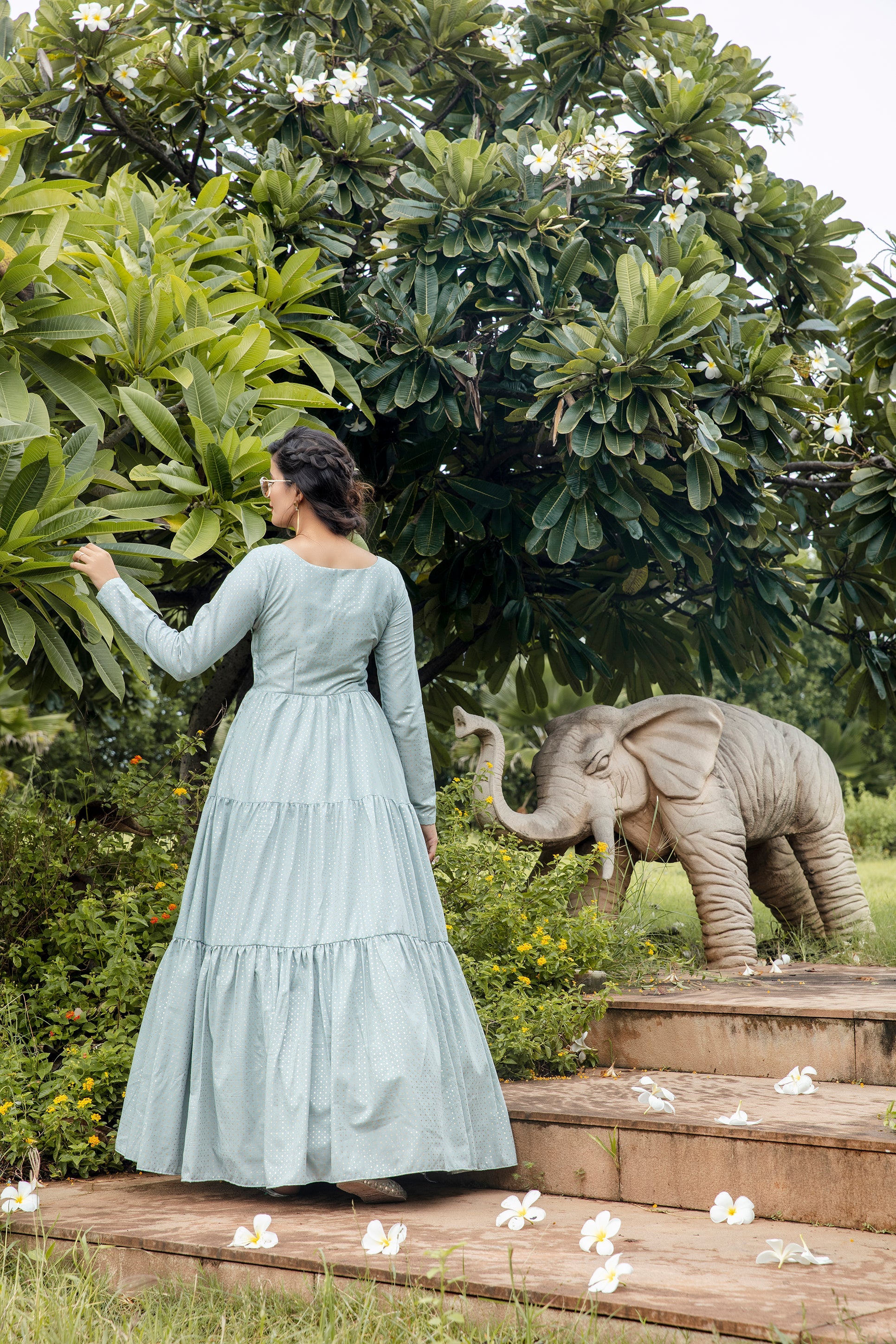 Party Style Grey Color Designer Printed Readymade Gown In Art Silk Fabric