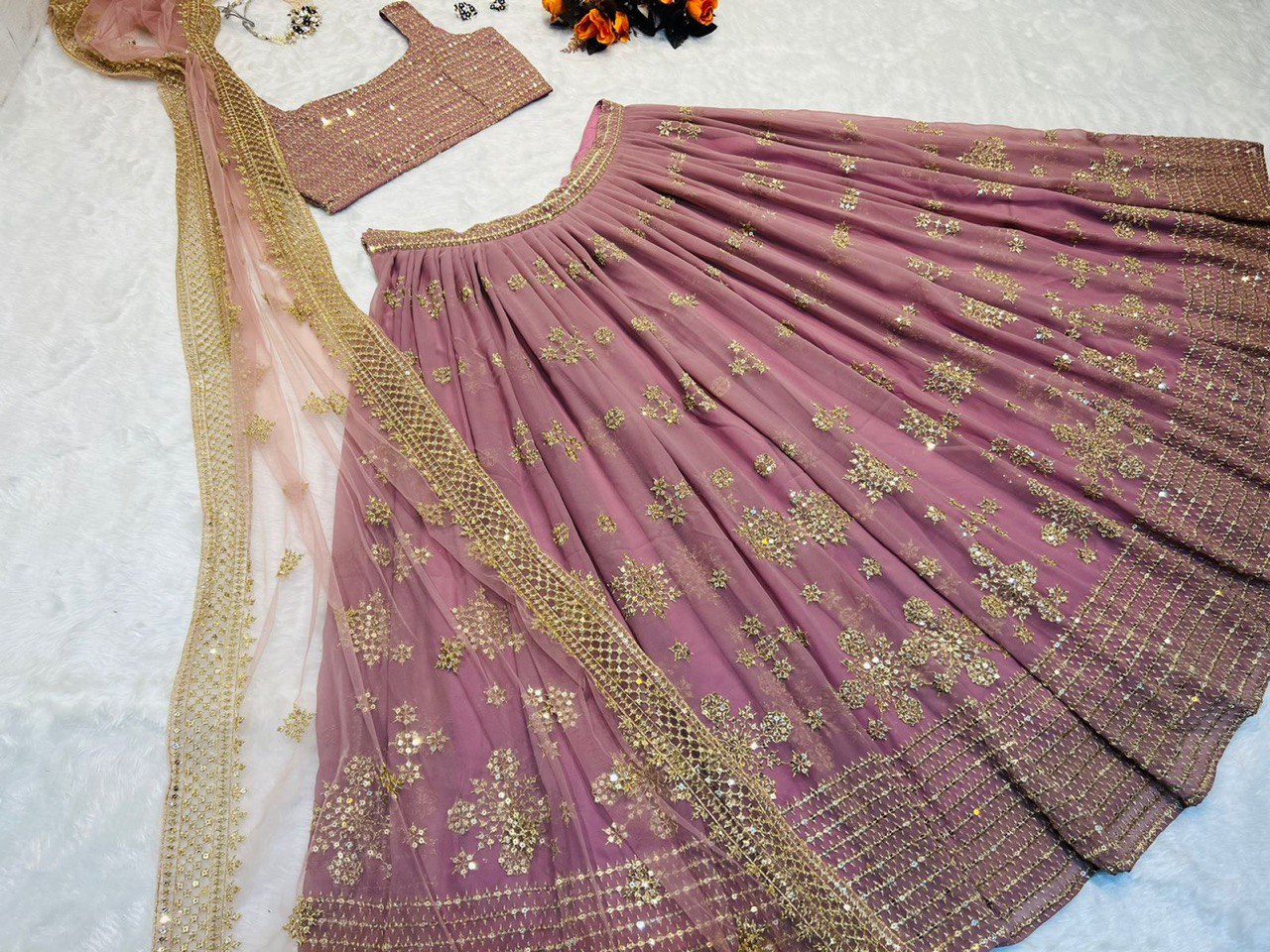 Party Wear Dusty Pink Color Embroidery Sequence Work Lehenga Choli