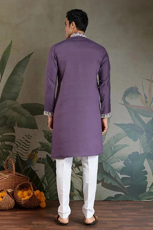 Pastel Purple Embroidered Viscose Silk Kurta Set