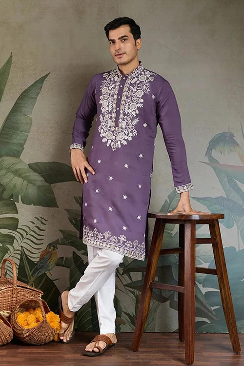 Pastel Purple Embroidered Viscose Silk Kurta Set