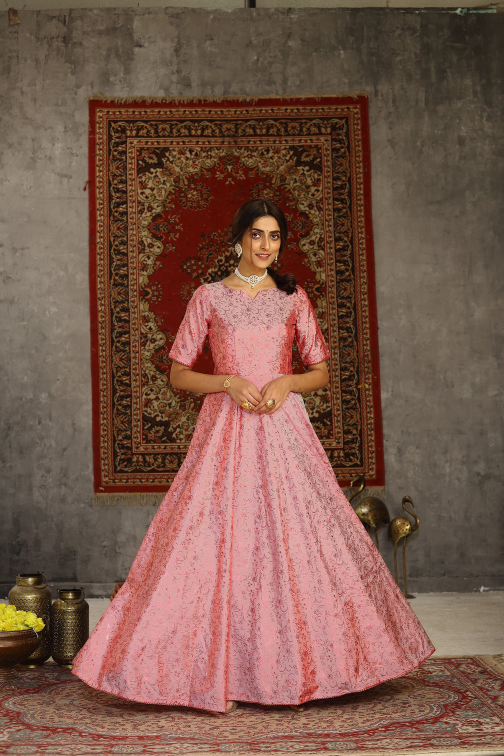 Pastel Pink Metallic Foil Taffeta Party Wear Gown