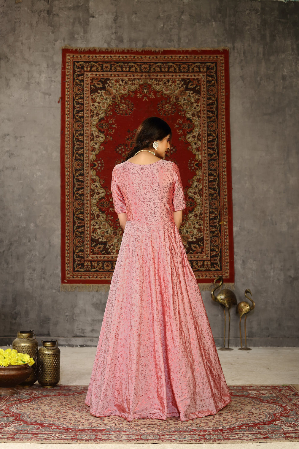 Pastel Pink Metallic Foil Taffeta Party Wear Gown
