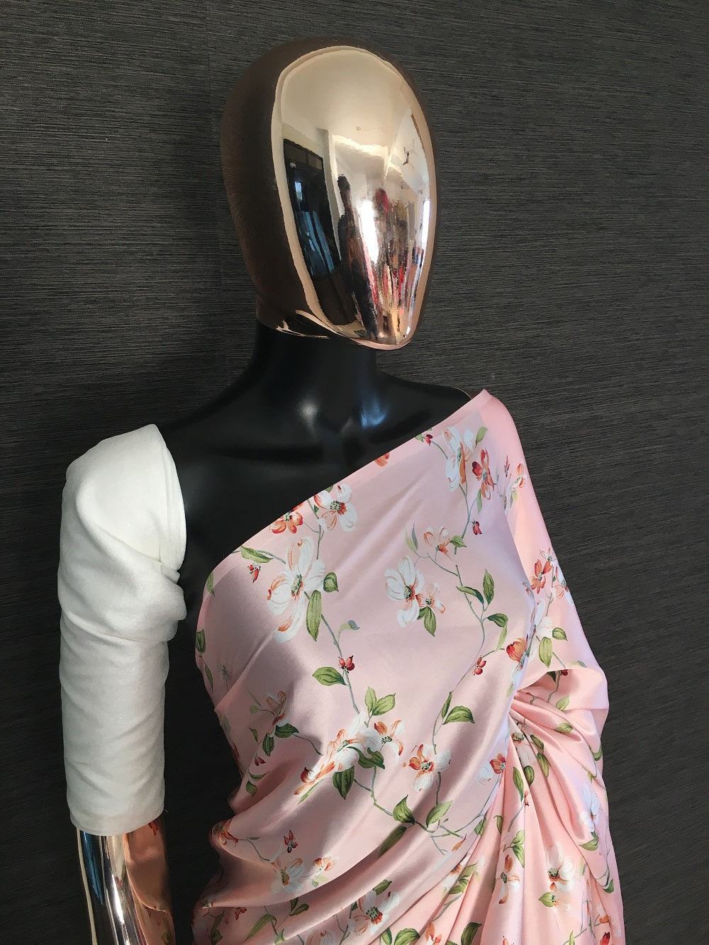 Peach Color Floral Digital Printed Japan Satin Saree