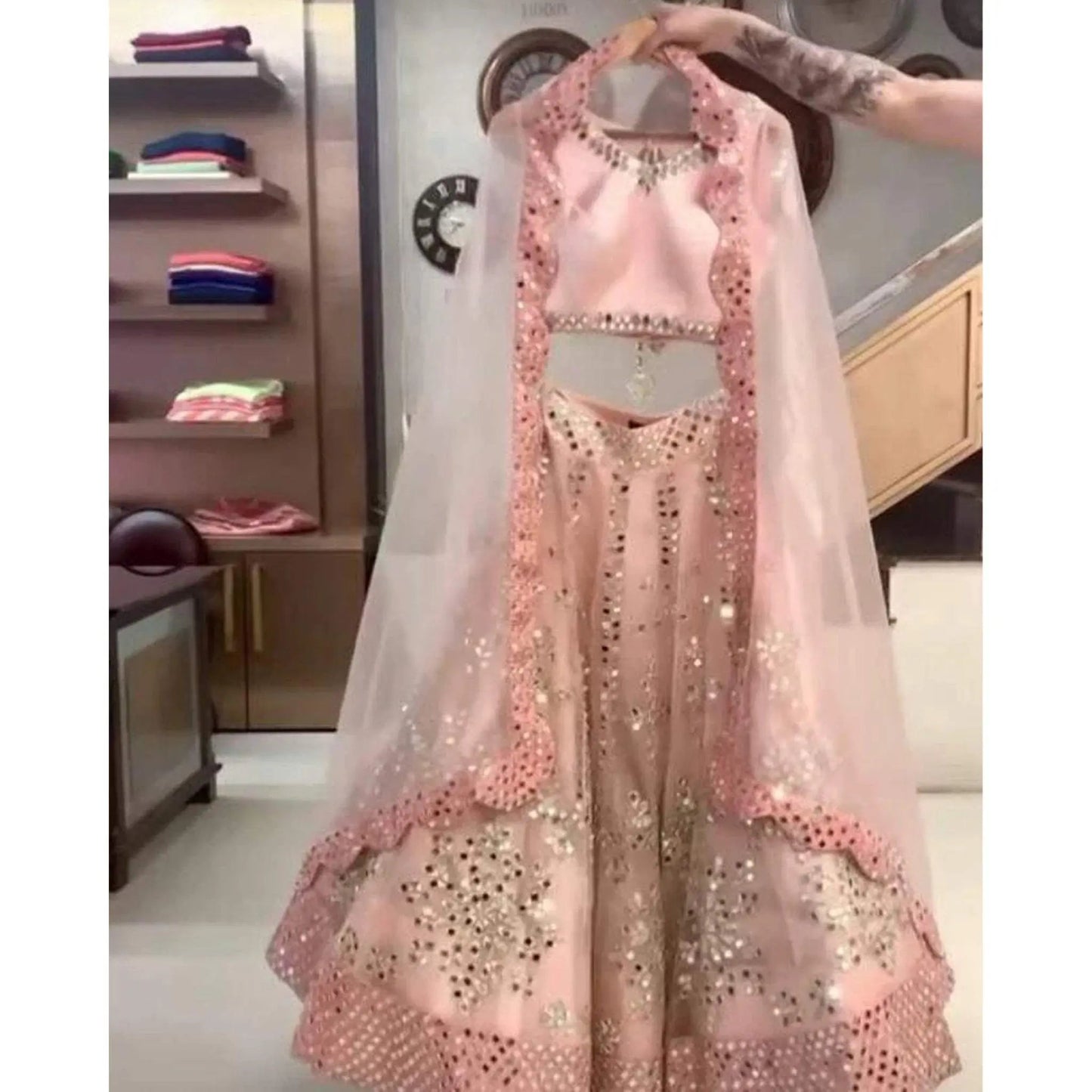 Peach Lehenga Choli with Real Mirror and Embroidery Work