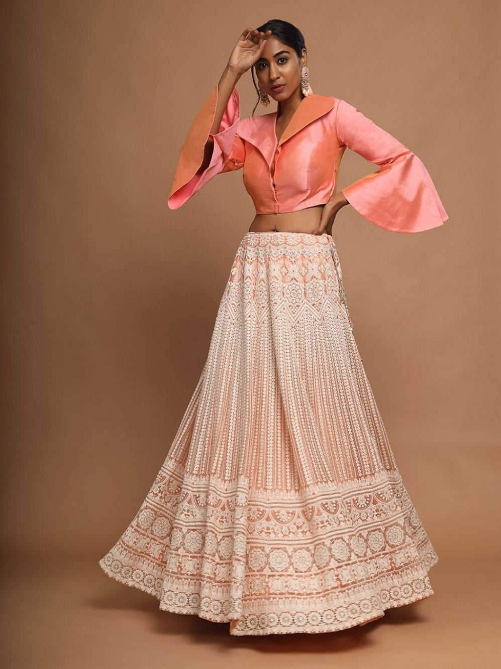 Peach Color Lucknowi Net Fabric Two Piece Lehenga Set