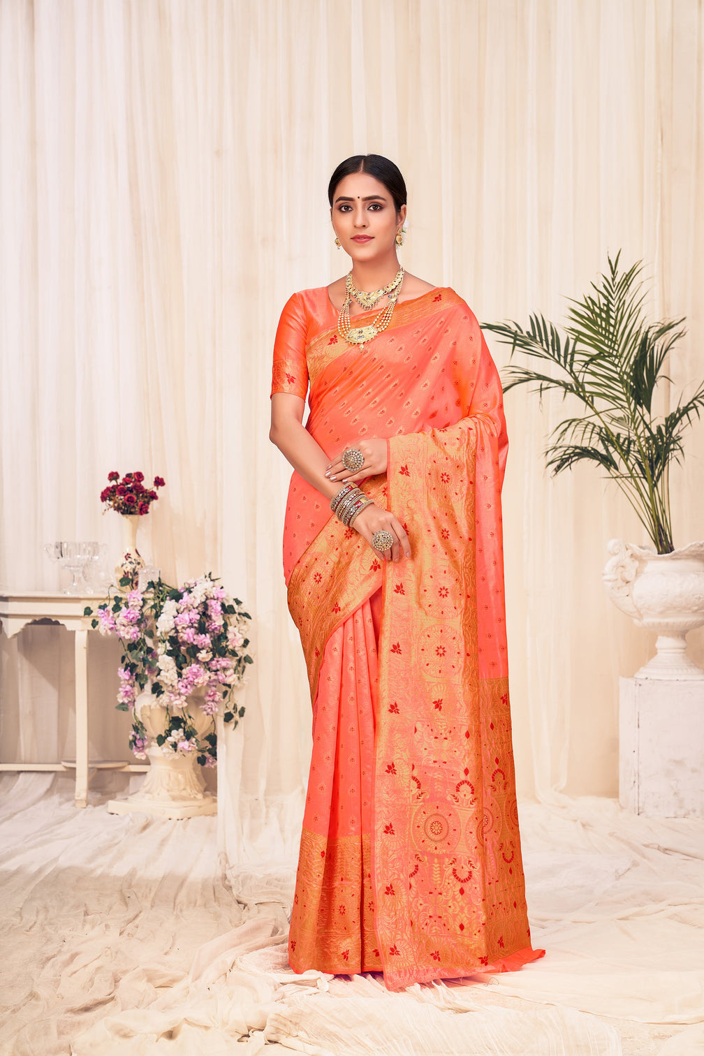 Peach Banarasi Silk Wedding Wear Saree With Blouse