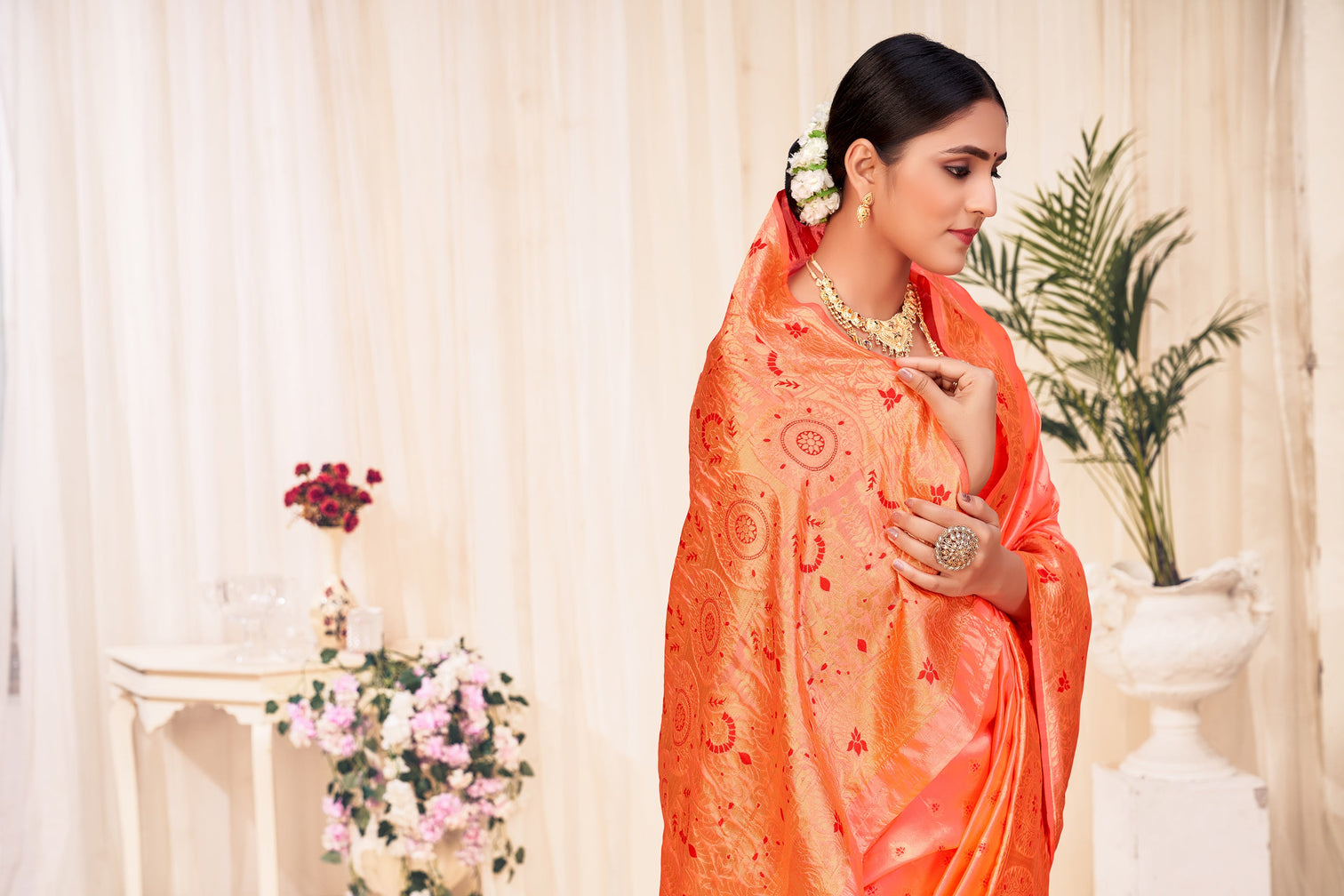 Peach Banarasi Silk Wedding Wear Saree With Blouse