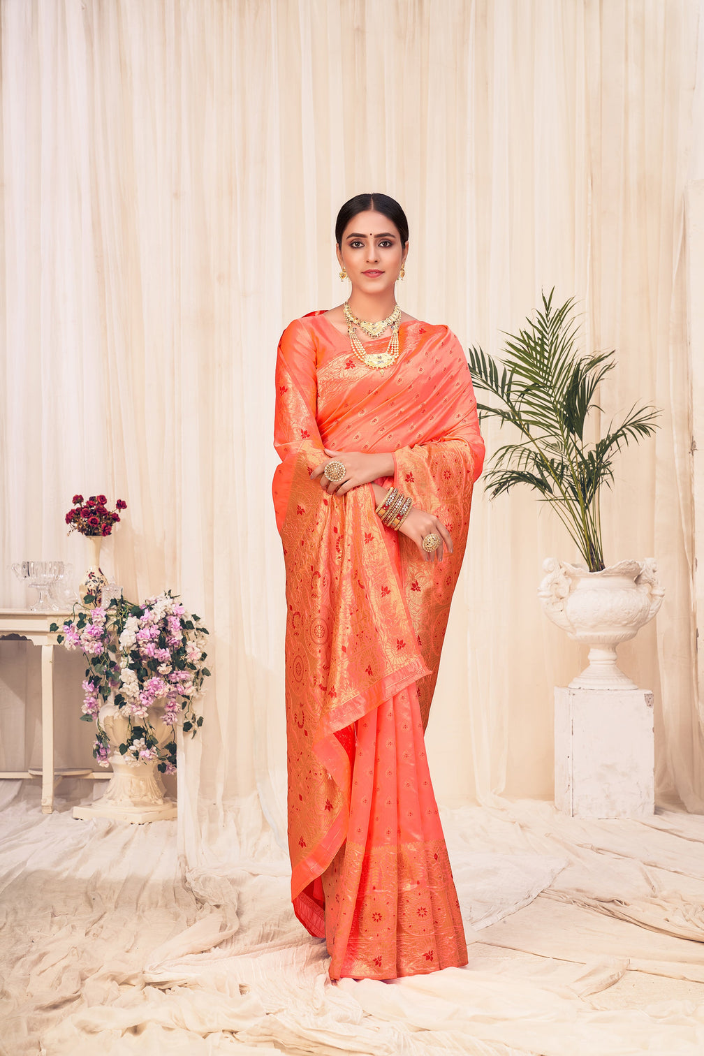 Peach Banarasi Silk Wedding Wear Saree With Blouse