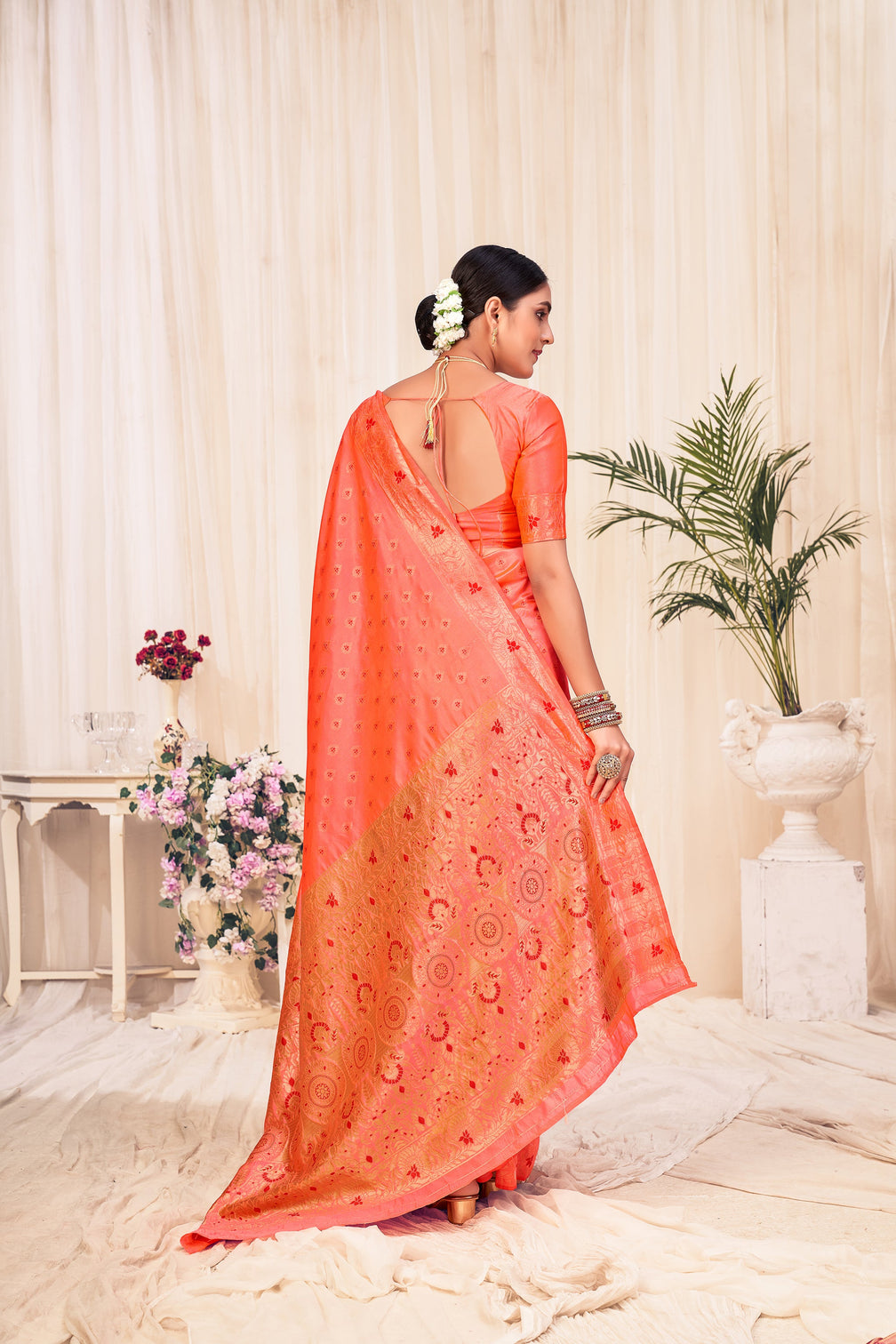 Peach Banarasi Silk Wedding Wear Saree With Blouse