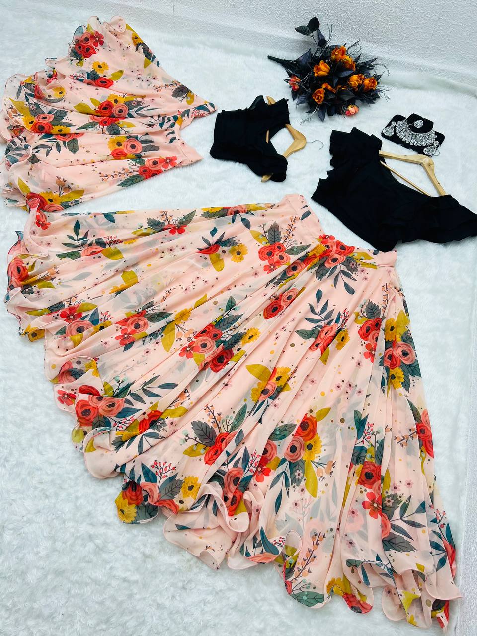 Peach Color Floral Printed Lehenga with Black Top Mother Daughter Combo