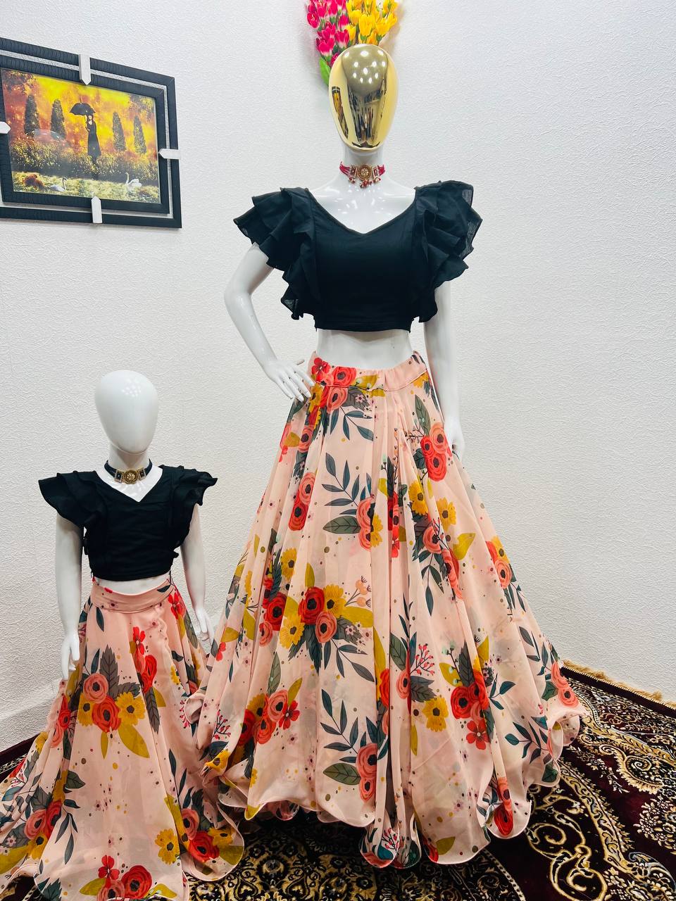 Peach Color Floral Printed Lehenga with Black Top Mother Daughter Combo