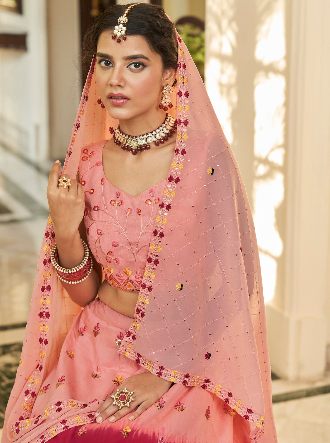 Peach Deep Pink Thread And Sequins Embroidered Work Art Silk Festive & Party Wear Semi Stitched Lehenga