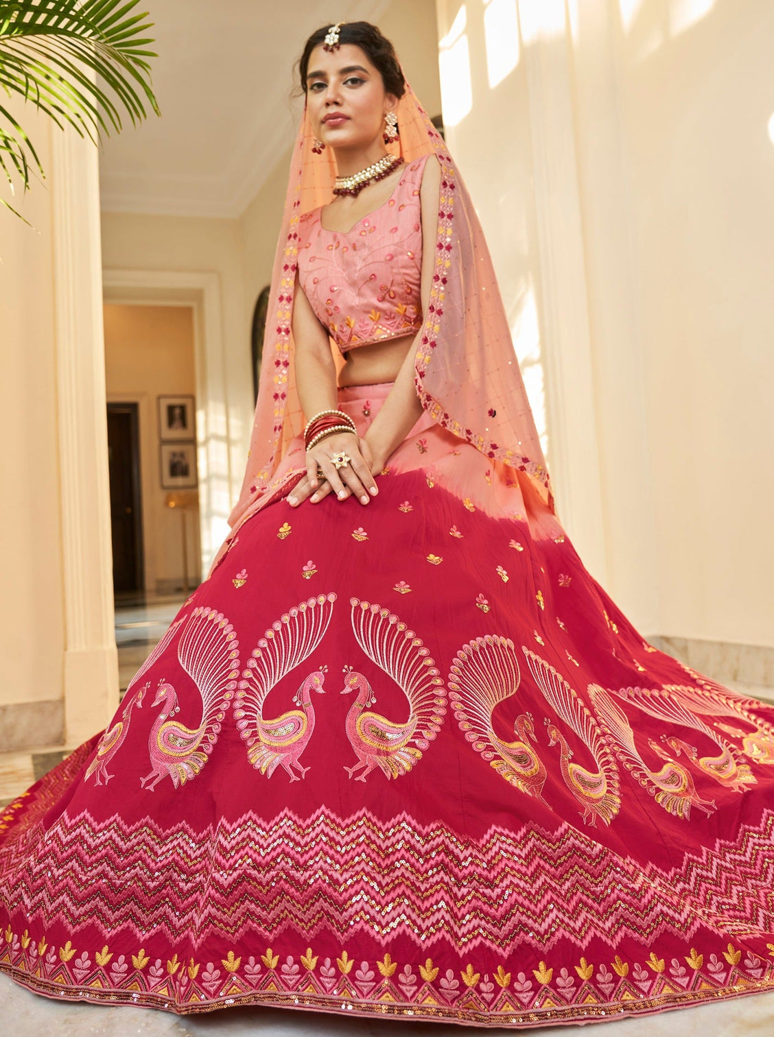 Peach Deep Pink Thread And Sequins Embroidered Work Art Silk Festive & Party Wear Semi Stitched Lehenga