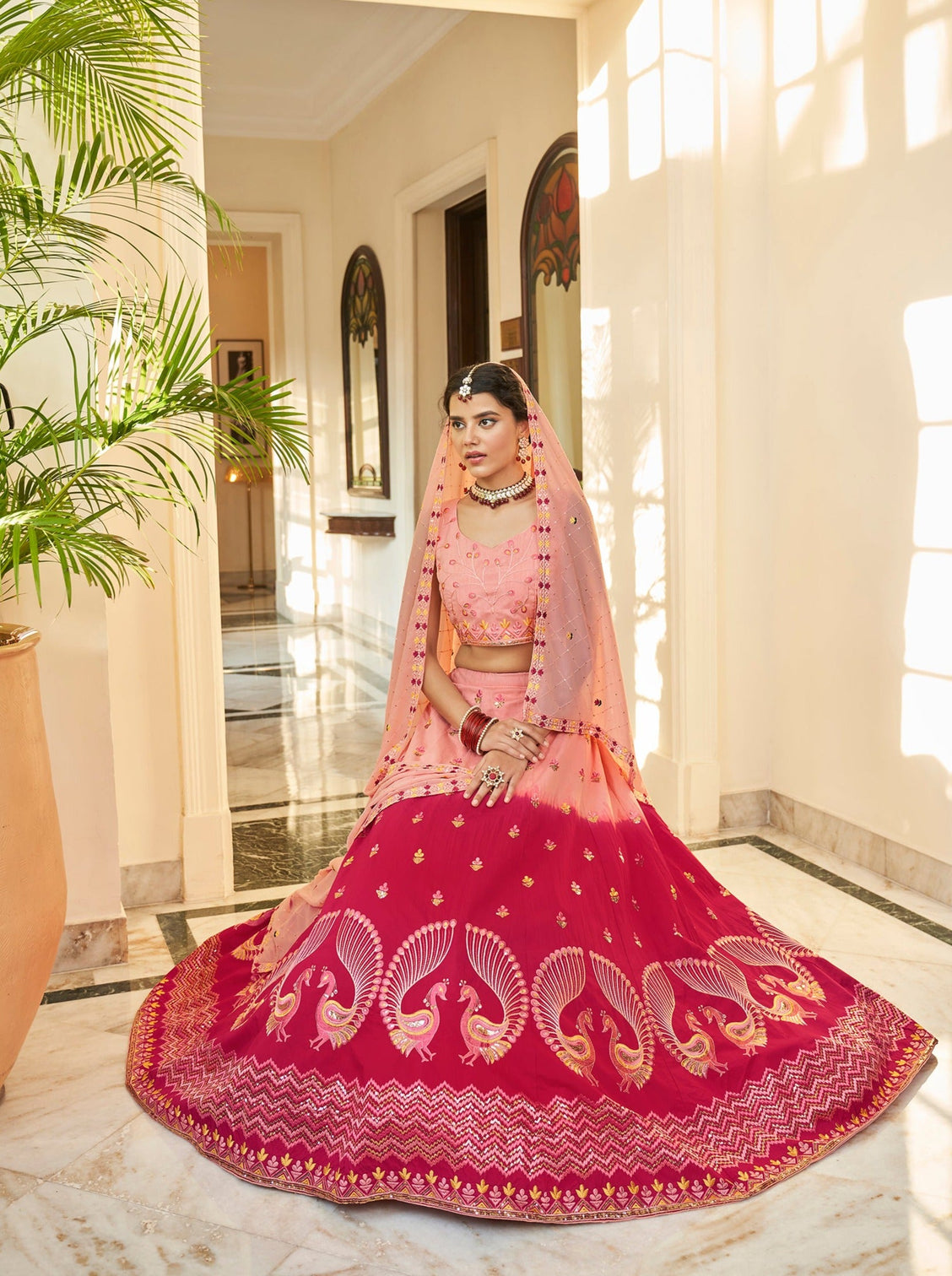 Peach Deep Pink Thread And Sequins Embroidered Work Art Silk Festive & Party Wear Semi Stitched Lehenga
