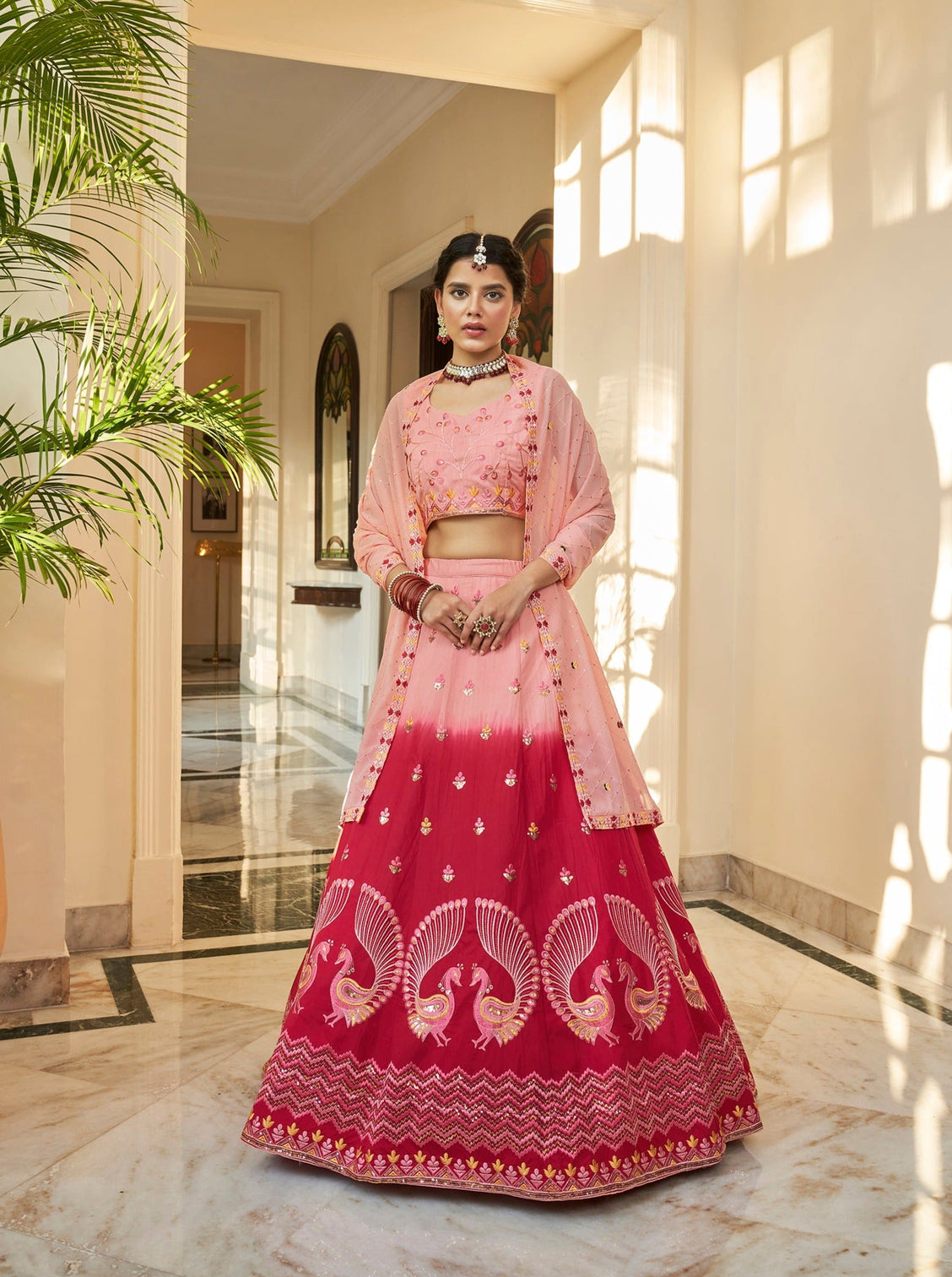Peach Deep Pink Thread And Sequins Embroidered Work Art Silk Festive & Party Wear Semi Stitched Lehenga