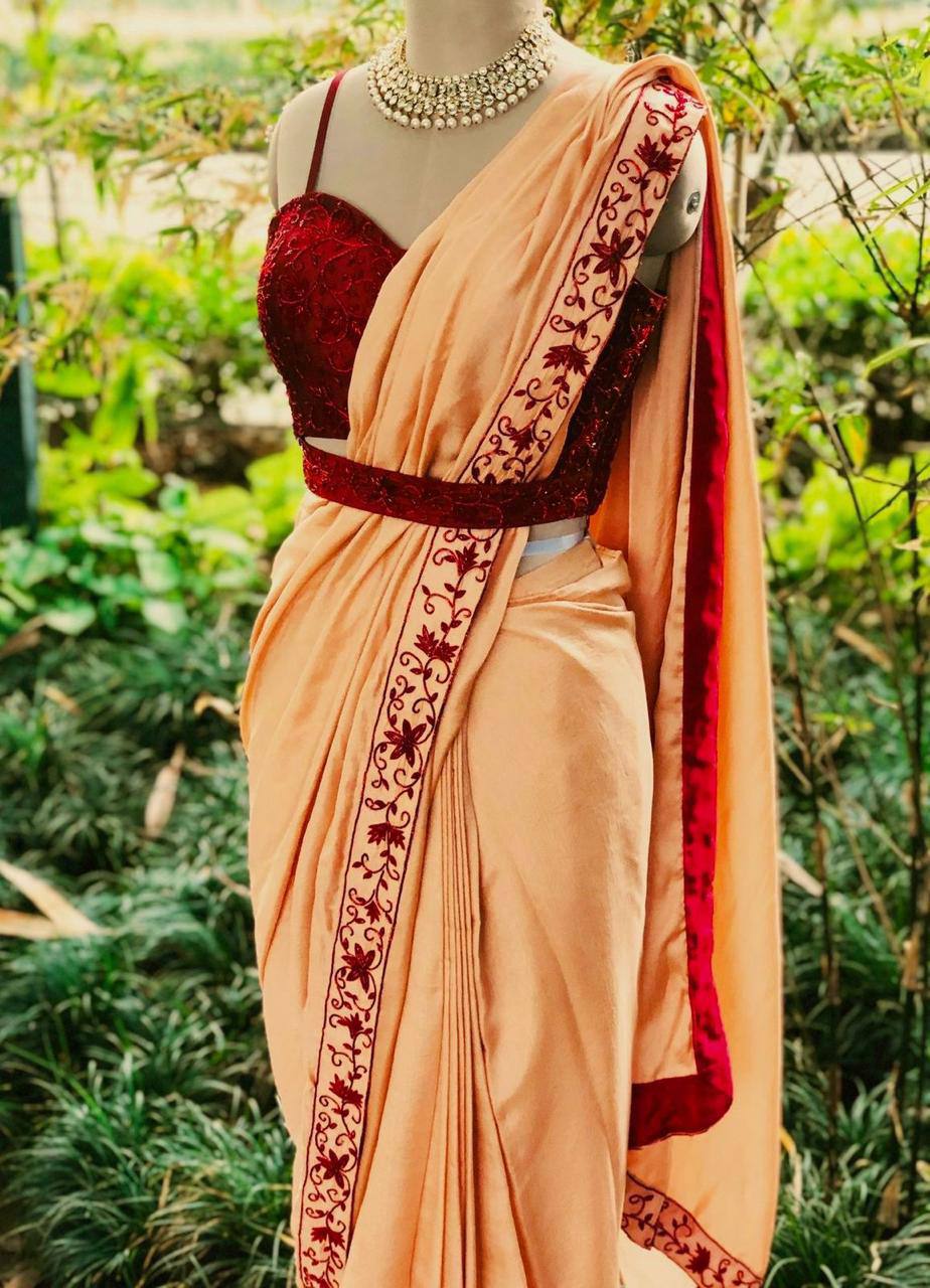 Peach Dolla Silk Saree with Thread & Stone Border and Banglori Satin Blouse