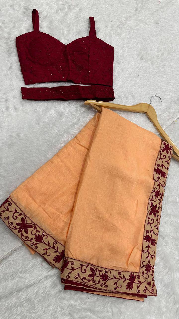 Peach Dolla Silk Saree with Thread & Stone Border and Banglori Satin Blouse