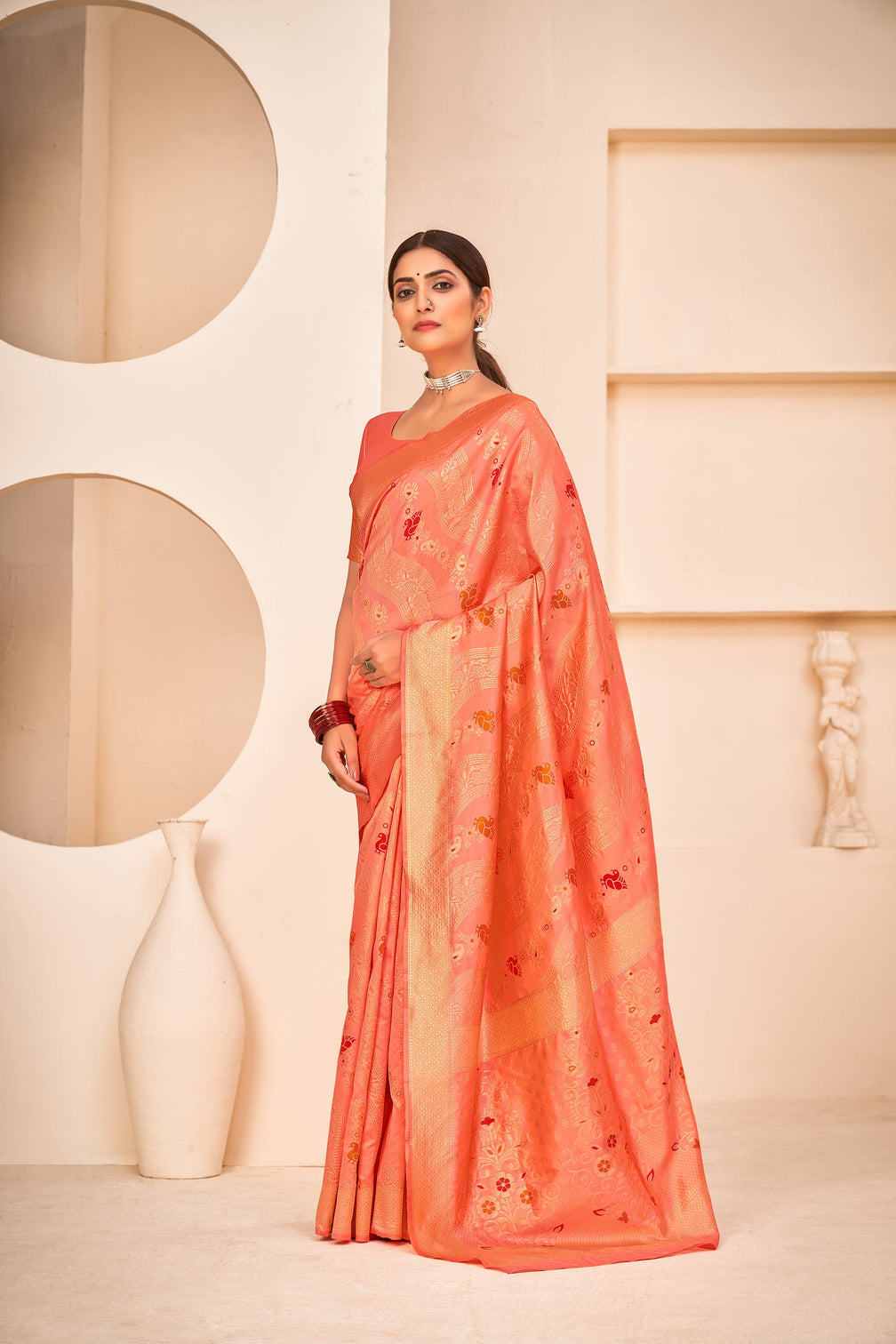 Peach Festive Wear Banarasi With Patola Woven Banarasi Silk Saree